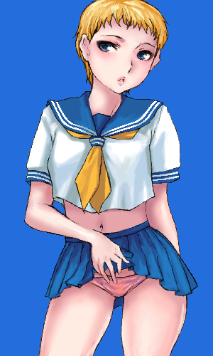 matoyama, lowres, 1girl, blonde hair, blue background, blue skirt, blush, breasts, clothes lift, cowboy shot, crop top, cropped legs, female focus, midriff, miniskirt, navel, oekaki, panties, parted lips, pink panties, pleated skirt, sailor collar, school uniform, serafuku, shirt, short hair, short sleeves, simple background, skirt, skirt lift, solo, underwear, very short hair, white shirt