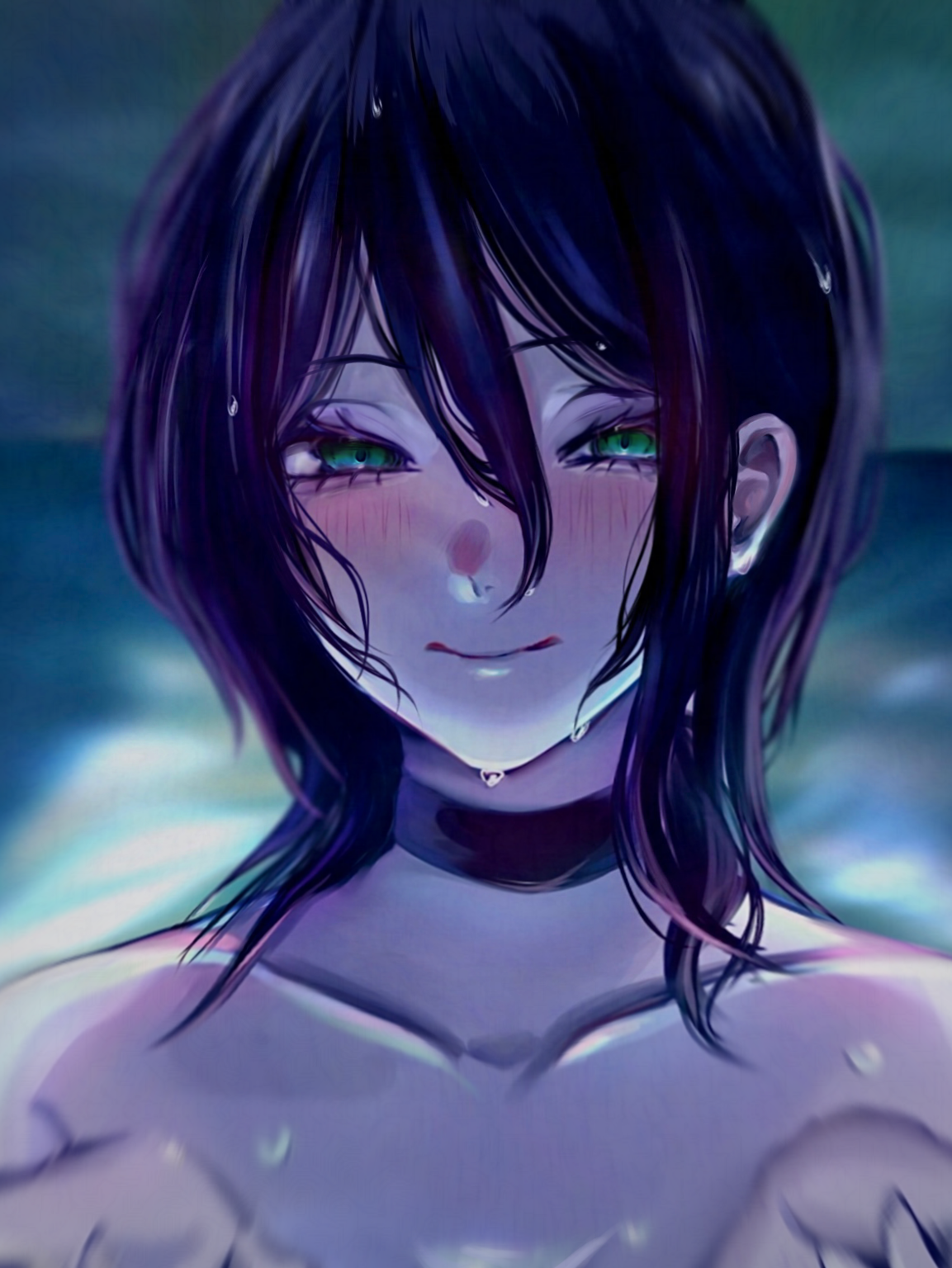 reze (chainsaw man), chainsaw man, commentary request, highres, 1girl, black hair, blush, closed mouth, green eyes, hair between eyes, kc4n, looking at viewer, medium hair, smile, solo, wet, wet hair