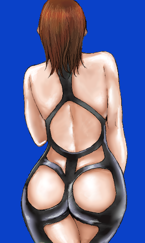matoyama, lowres, 1girl, ass, blue background, brown hair, cowboy shot, curvy, female focus, from behind, oekaki, pinup (style), solo