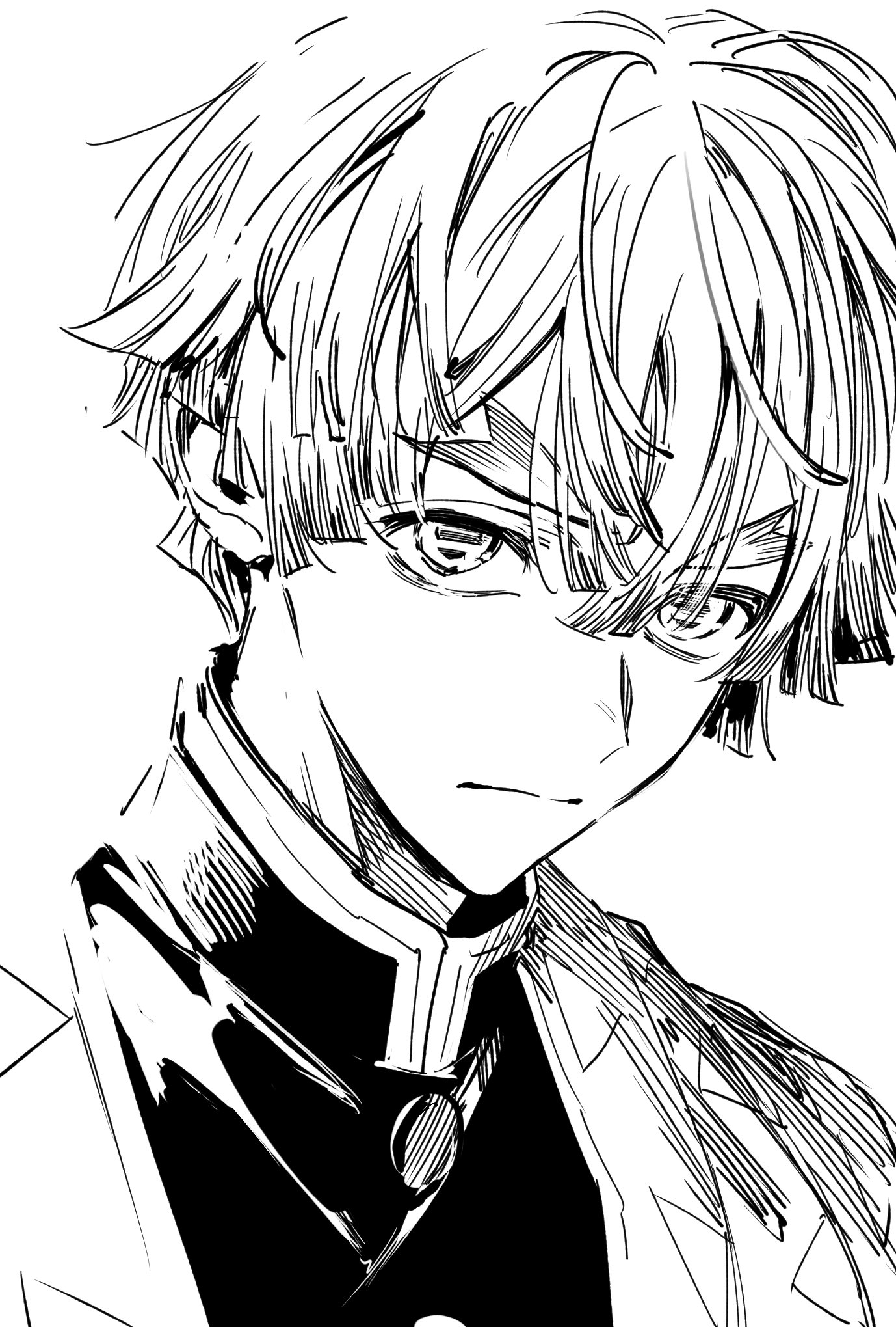 agatsuma zenitsu, kimetsu no yaiba, commentary request, highres, 1boy, close-up, closed mouth, demon slayer uniform, donut tabetai, frown, kishimen hair, looking at viewer, male focus, short hair, simple background, sketch, solo, thick eyebrows, white background