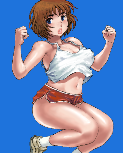matoyama, original, lowres, 1girl, blue background, blue eyes, breasts, brown hair, cleavage, female focus, gym uniform, jumping, large breasts, lips, navel, oekaki, shoes, short hair, socks, solo