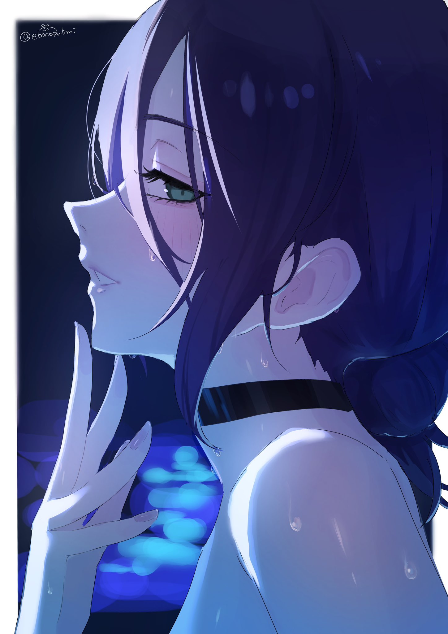 reze (chainsaw man), chainsaw man, commentary request, highres, 1girl, black choker, choker, ebinopulimi, from side, green eyes, hair bun, hand up, parted lips, profile, purple hair, solo, twitter username, wet