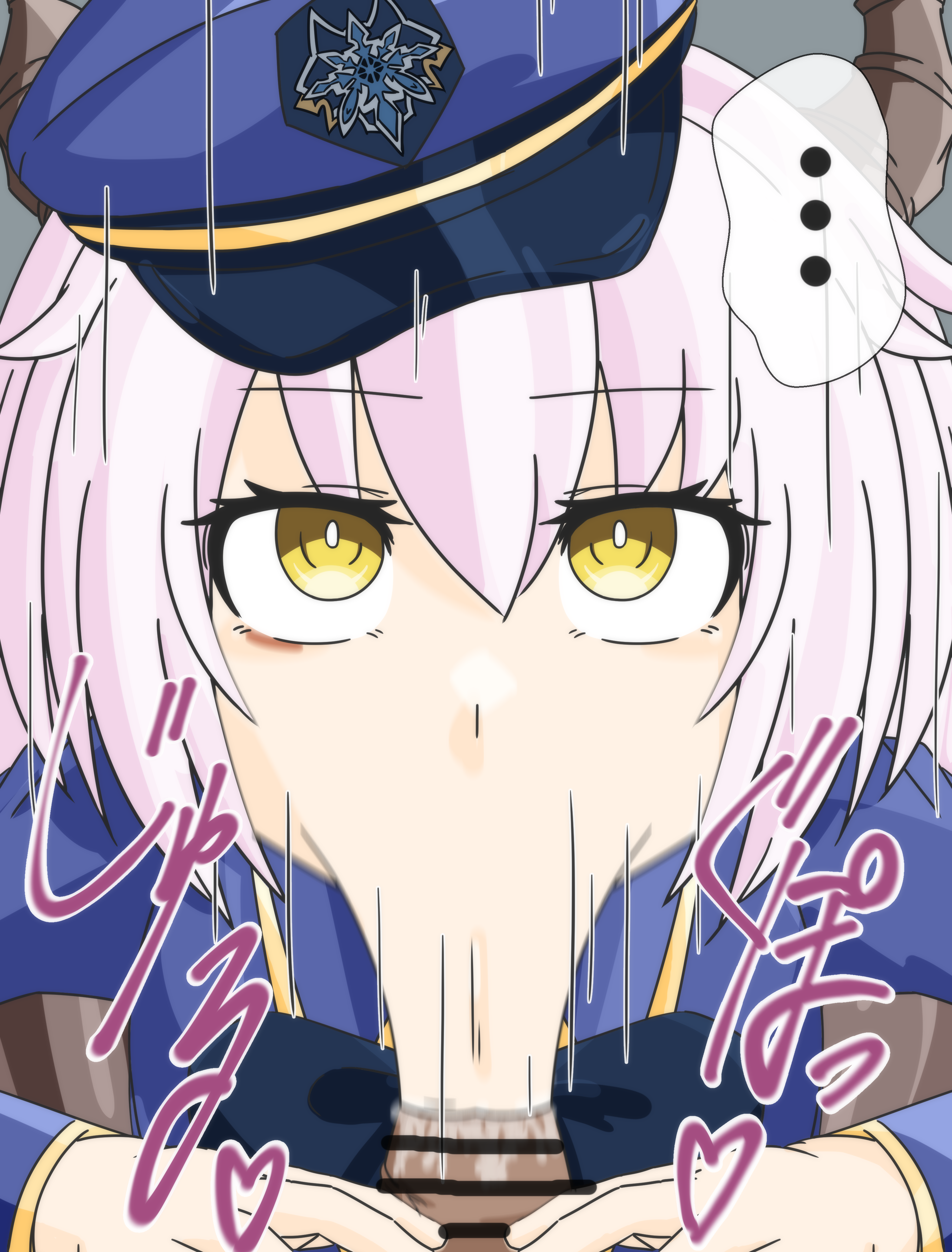 mir inverno (gakuen) (grimms notes), mir inverno (grimms notes), grimms notes, grimms notes gakuen, absurdres, bad id, bad pixiv id, highres, …, 1girl, :>=, blue hat, fellatio, grey background, hat, horns, looking at viewer, oral, penis, pyomo1, solo focus, spoken ellipsis, yellow eyes