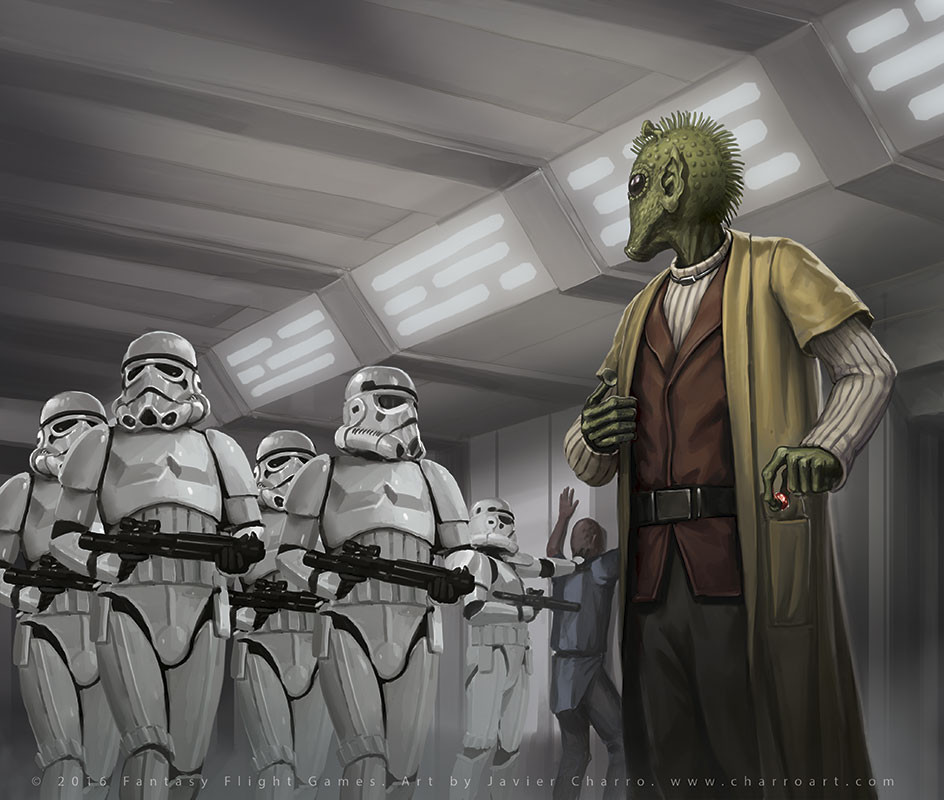 javier charro, stormtrooper, star wars, 6+boys, alien, armor, artist name, brown coat, brown pants, brown vest, coat, colored skin, green skin, gun, holding, holding gun, holding weapon, indoors, long coat, male focus, multiple boys, open clothes, open coat, pants, ribbed sweater, rodian, sweater, vest, watermark, weapon, web address, white armor, white sweater
