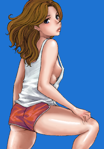 matoyama, lowres, 1girl, blue background, blue eyes, breasts, brown hair, female focus, gym uniform, large breasts, lips, oekaki, sideboob, solo