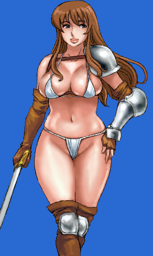 matoyama, lowres, 1girl, armor, bikini, bikini armor, blue background, blue eyes, boots, breasts, brown hair, curvy, female focus, fingerless gloves, gloves, large breasts, lips, long hair, oekaki, panties, solo, swimsuit, sword, thong, thong bikini, underwear, weapon, white bikini, white panties