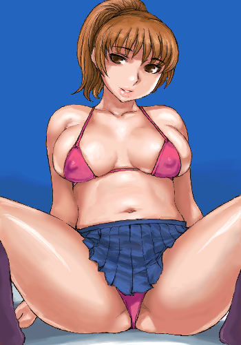 matoyama, lowres, 1girl, bikini, blue background, breasts, brown eyes, brown hair, female focus, large breasts, lips, oekaki, panties, pink bikini, pink panties, ponytail, skirt, socks, solo, swimsuit, underwear