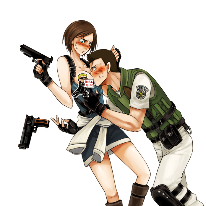 sakura3914, albert wesker, chris redfield, jill valentine, resident evil, 1girl, 2boys, accidental pervert, between breasts, black coat, black gloves, blonde hair, blue eyes, blue tube top, blush, breasts, chibi, coat, convenient censoring, fingerless gloves, gloves, gun, handgun, head between breasts, holding, holding gun, holding weapon, miniskirt, multiple boys, pants, simple background, skirt, strapless, sunglasses, sweat, tube top, unlikely accident, weapon, white background