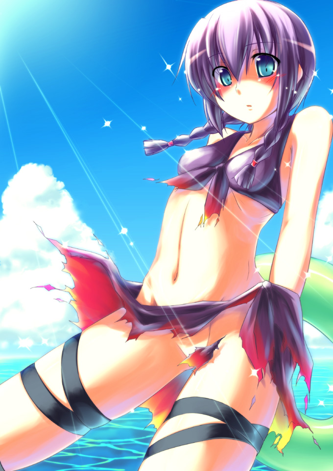 nagami yuu, curse maker, curse maker 2, atlus, etrian odyssey, 1girl, bikini, bikini bottom only, blue eyes, blush, braid, day, female focus, innertube, ocean, purple hair, sarong, solo, swim ring, swimsuit, torn bikini, torn clothes, twin braids, twintails
