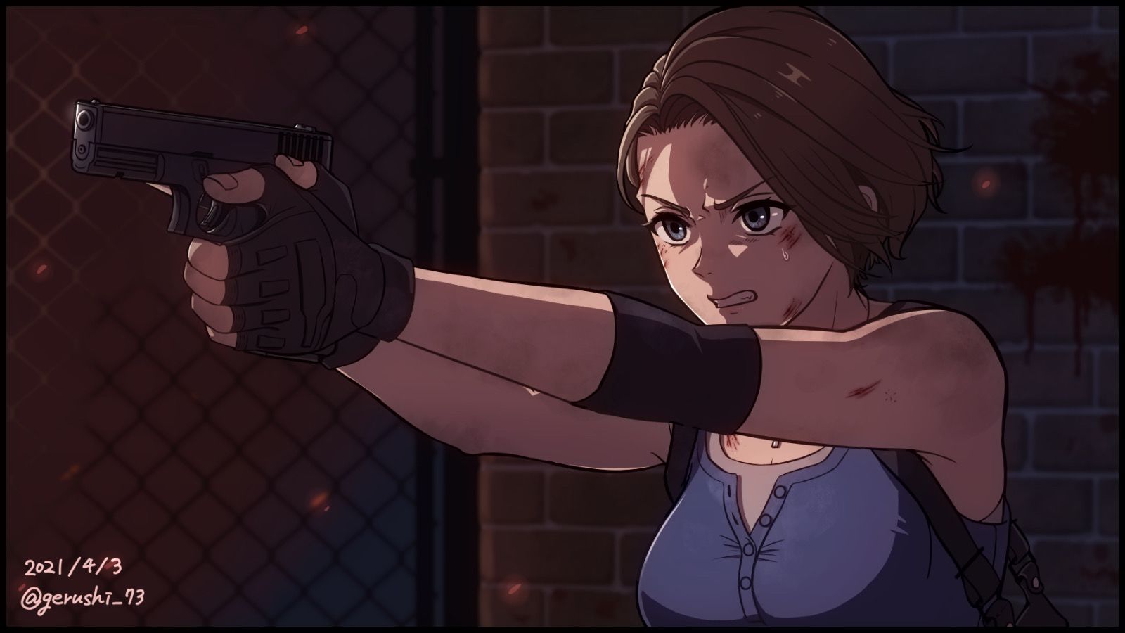 daisy mk 589, jill valentine, resident evil, resident evil 3: nemesis, resident evil 3 (remake), highres, 1girl, artist name, black gloves, blue eyes, blue shirt, brick wall, brown hair, dated, elbow pads, fingerless gloves, gloves, gun, handgun, holding, holding gun, holding weapon, shirt, single elbow pad, weapon