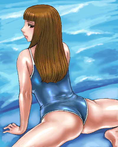 matoyama, original, lowres, 1girl, arm support, ass, barefoot, blunt bangs, brown eyes, brown hair, female focus, lips, long hair, looking back, lying, oekaki, on stomach, one-piece swimsuit, solo, spread legs, swimsuit