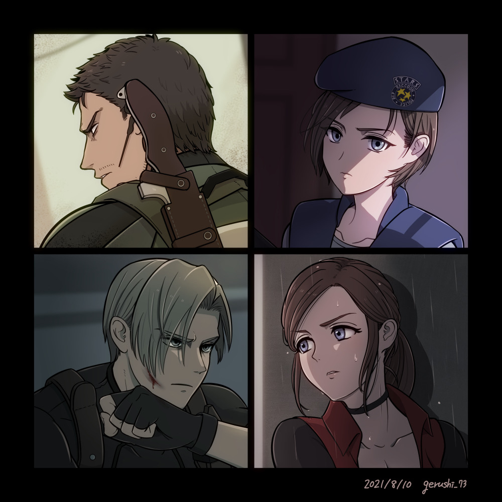 daisy mk 589, chris redfield, claire redfield, jill valentine, leon s. kennedy, resident evil, resident evil – code: veronica, resident evil 1, resident evil 4, resident evil 5, 2boys, 2girls, beret, black gloves, blonde hair, blue eyes, blue hat, brown hair, choker, fingerless gloves, gloves, hat, multiple boys, multiple girls, ponytail, shoulder pads