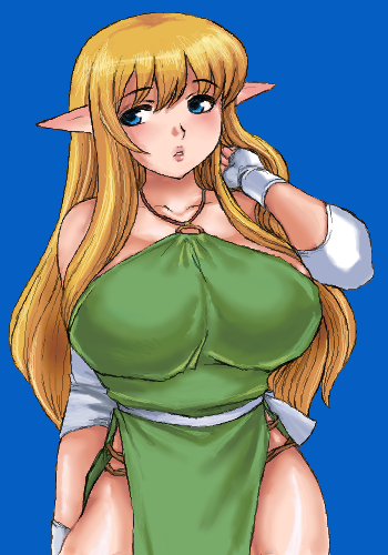 matoyama, tiffania westwood, zero no tsukaima, lowres, 00s, 1girl, blonde hair, blue background, blue eyes, breasts, elf, female focus, halterneck, huge breasts, long hair, oekaki, pointy ears, solo