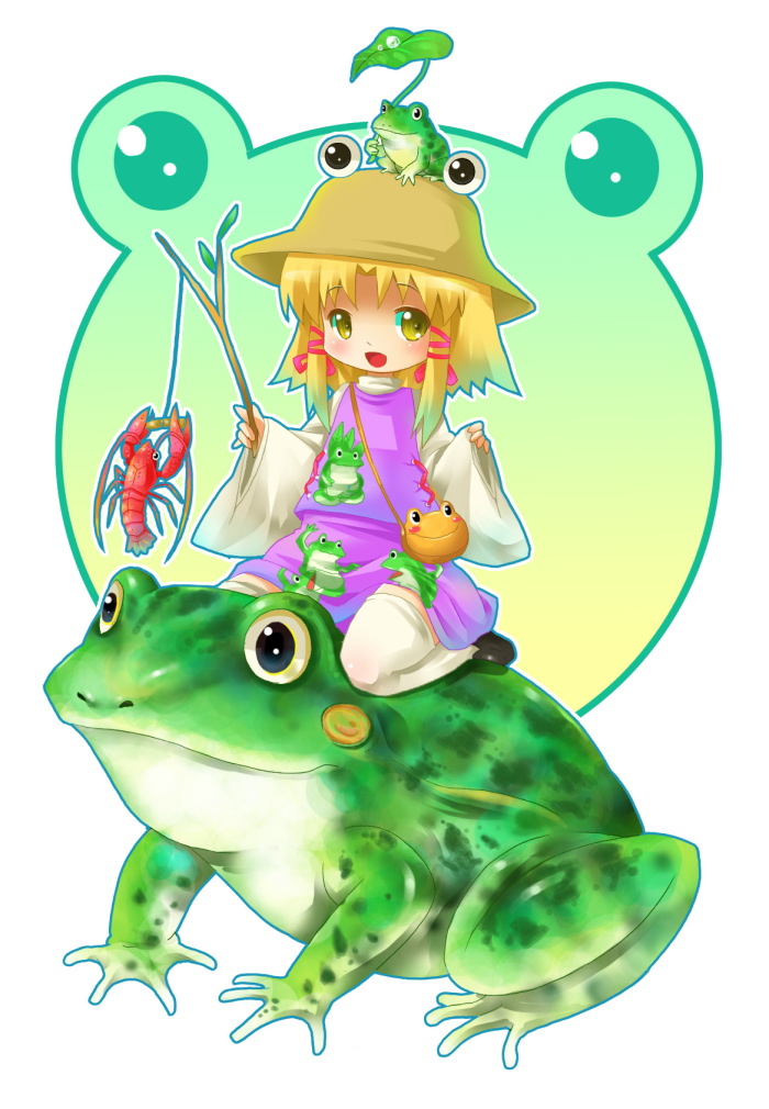 michii yuuki, moriya suwako, touhou, bad id, bad pixiv id, 1girl, blonde hair, crustacean, female focus, frog, gradient background, hat, lobster, ribbon, riding, short hair, skirt, solo, thighhighs, white background