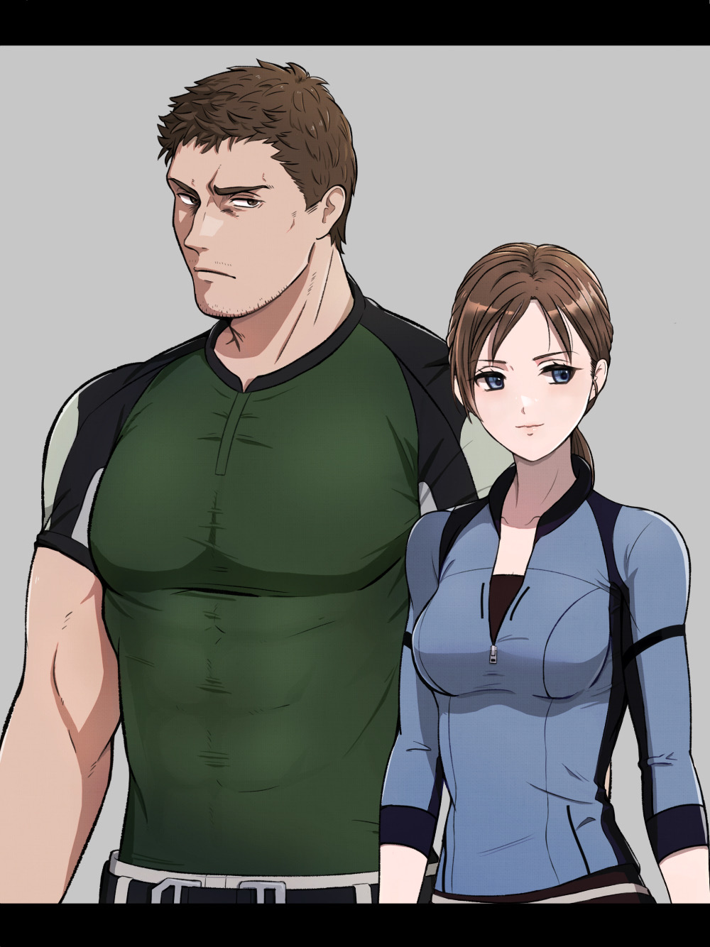 daisy mk 589, chris redfield, jill valentine, resident evil, highres, 1boy, 1girl, beard stubble, blue eyes, blue shirt, brown hair, facial hair, green shirt, grey background, long hair, low ponytail, ponytail, shirt, simple background, stubble
