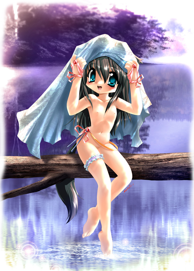 starfox (artist), popury, nymphclub, 1girl, bad anatomy, barefoot, blue eyes, breasts, feet, female focus, loli, nipples, nude, poorly drawn, rain, ribbon, solo, tail, toes