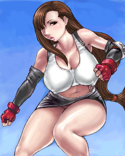 matoyama, tifa lockhart, final fantasy, final fantasy vii, lowres, 1990s (style), 1girl, breasts, brown eyes, brown hair, cleavage, covered erect nipples, curvy, female focus, fingerless gloves, gloves, large breasts, long hair, low-tied long hair, miniskirt, navel, oekaki, pencil skirt, plump, retro artstyle, skirt, solo, thick thighs, thighs, very long hair