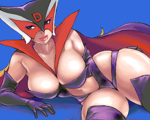 matoyama, doronjo, tatsunoko production, time bokan (series), yatterman, lowres, 1girl, blonde hair, blue background, blue eyes, breasts, cape, curvy, elbow gloves, female focus, gloves, large breasts, lips, lipstick, makeup, mask, oekaki, solo, thick thighs, thighhighs, thighs