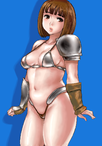 matoyama, lowres, 1girl, armor, black panties, blue background, bob cut, breasts, brown eyes, brown hair, curvy, female focus, highleg, highleg panties, large breasts, lips, oekaki, panties, solo, thong, underwear