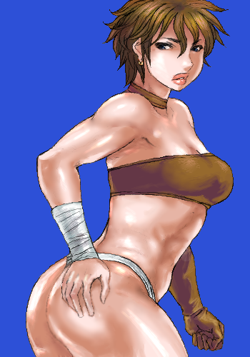 matoyama, lowres, 1girl, ass, bandages, bandeau, blue background, blue eyes, brown hair, curvy, earrings, female focus, gloves, huge ass, jewelry, lips, oekaki, short hair, solo, strapless, tube top