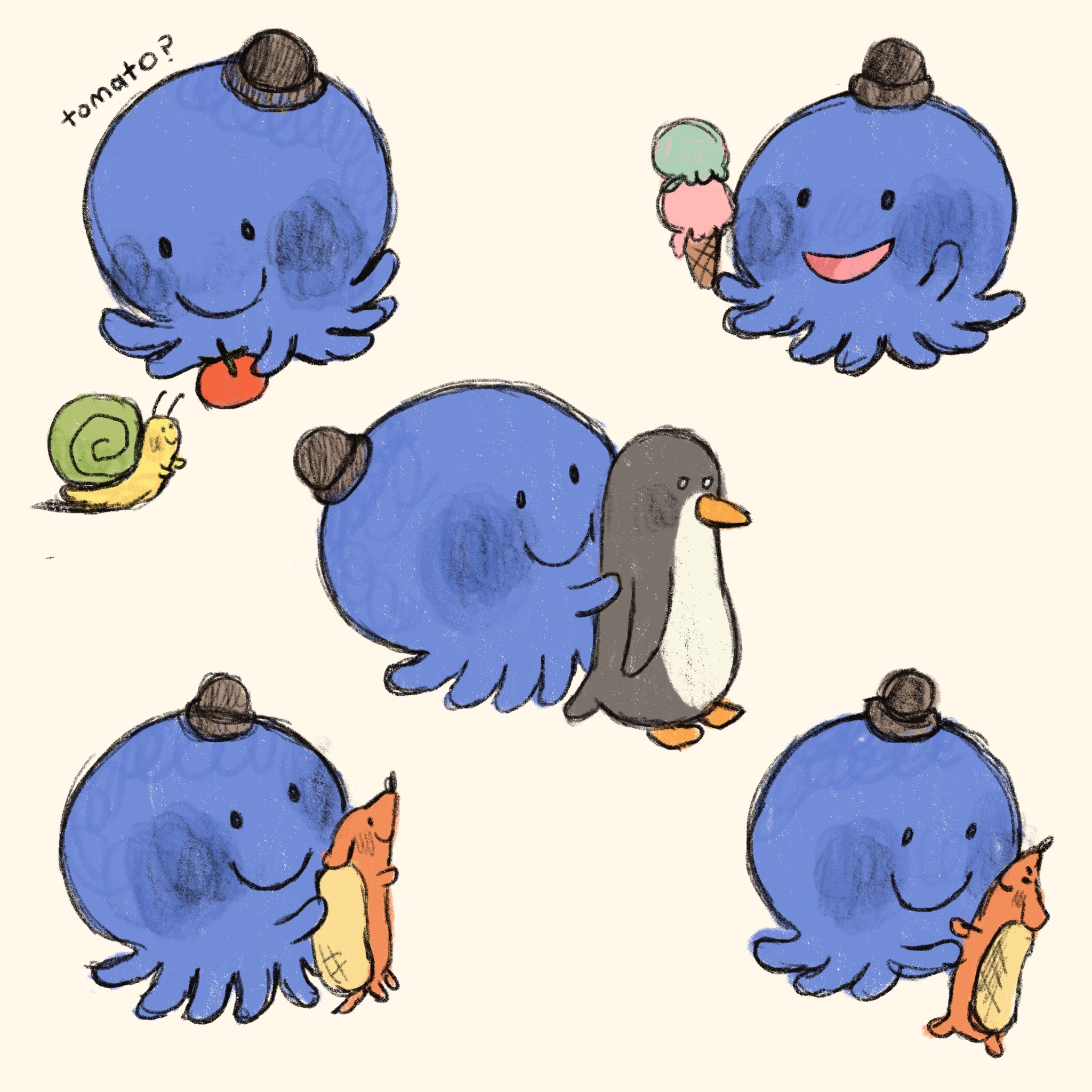 lily hoang-zhu, commentary, english commentary, highres, animal, bird, english text, food, hat, henry (oswald), holding, ice cream, no humans, octopus, open mouth, oswald (oswald), oswald (series), penguin, shell, simple background, smile, snail, snail shell, tomato, weenie (oswald)