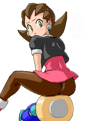 servbot (mega man), tron bonne (mega man), capcom, mega man (series), mega man legends (series), lowres, 1girl, ass, brown hair, earrings, green eyes, hair slicked back, human chair, human furniture, jewelry, kubon, oekaki, pantyhose, sitting, sitting on face, sitting on person