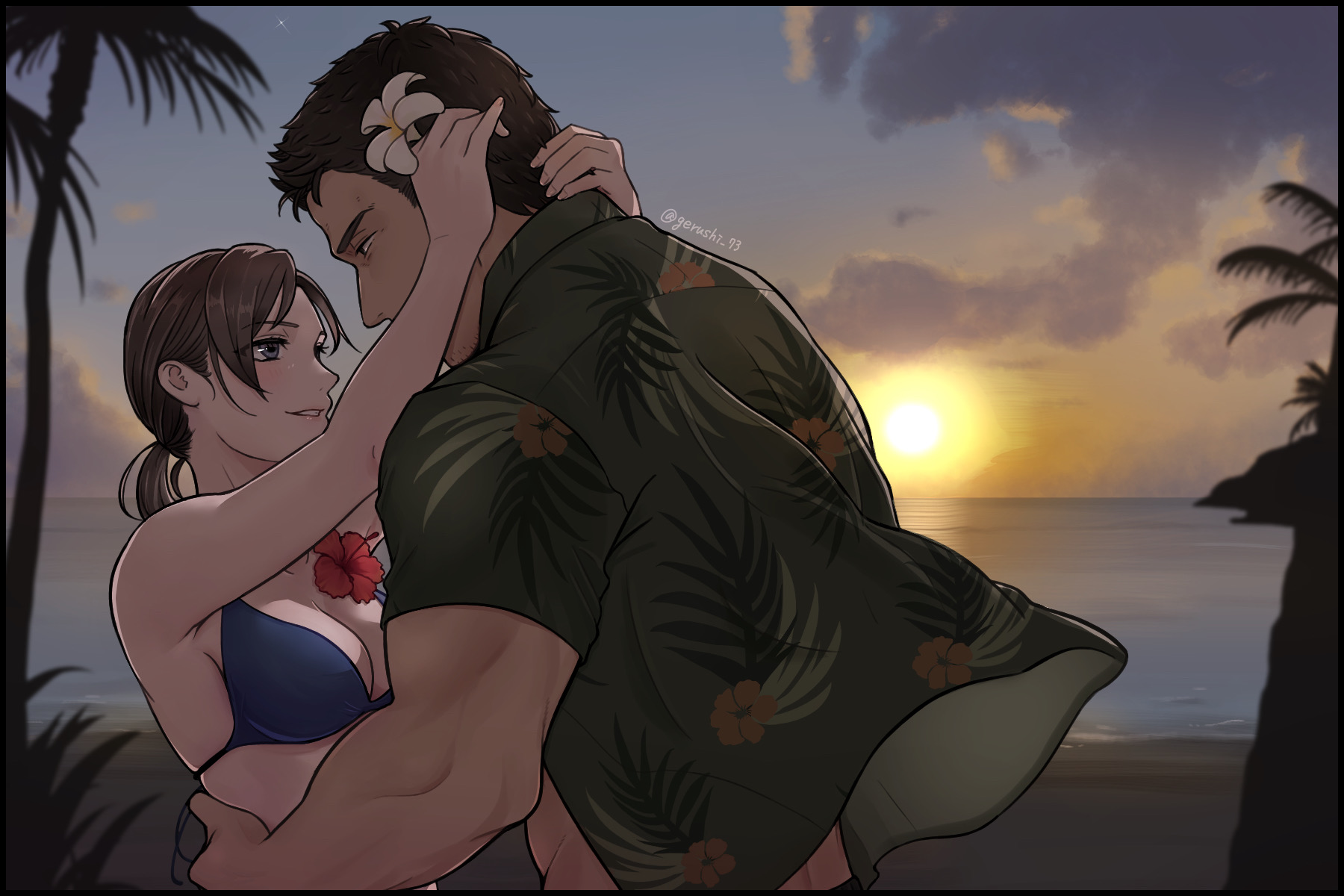 daisy mk 589, chris redfield, jill valentine, resident evil, highres, 1boy, 1girl, bikini, blue bikini, breasts, brown hair, cloud, flower, hug, outdoors, palm tree, parted lips, smile, sun, sunset, swimsuit, tree