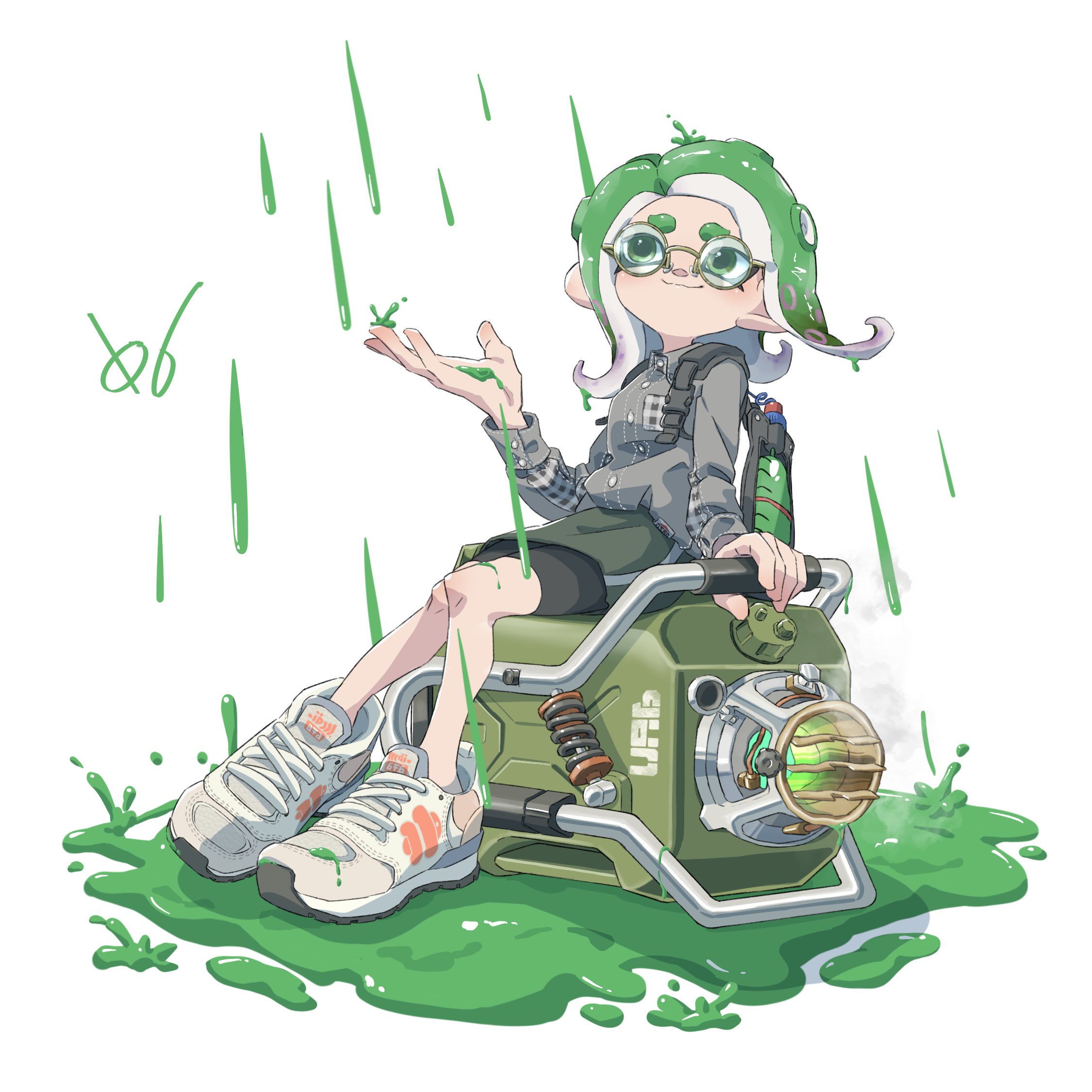 tartarte tatin, octoling girl, octoling player character, nintendo, splatoon (series), splatoon 3, commentary, highres, symbol-only commentary, 1girl, bike shorts, black shorts, closed mouth, explosher (splatoon), green eyes, green hair, grey jacket, ink, ink storm (splatoon), ink tank (splatoon), jacket, long hair, looking up, octoling, rain, shoes, short eyebrows, shorts, sitting, smile, solo, tentacle hair, thick eyebrows, white background, white shoes