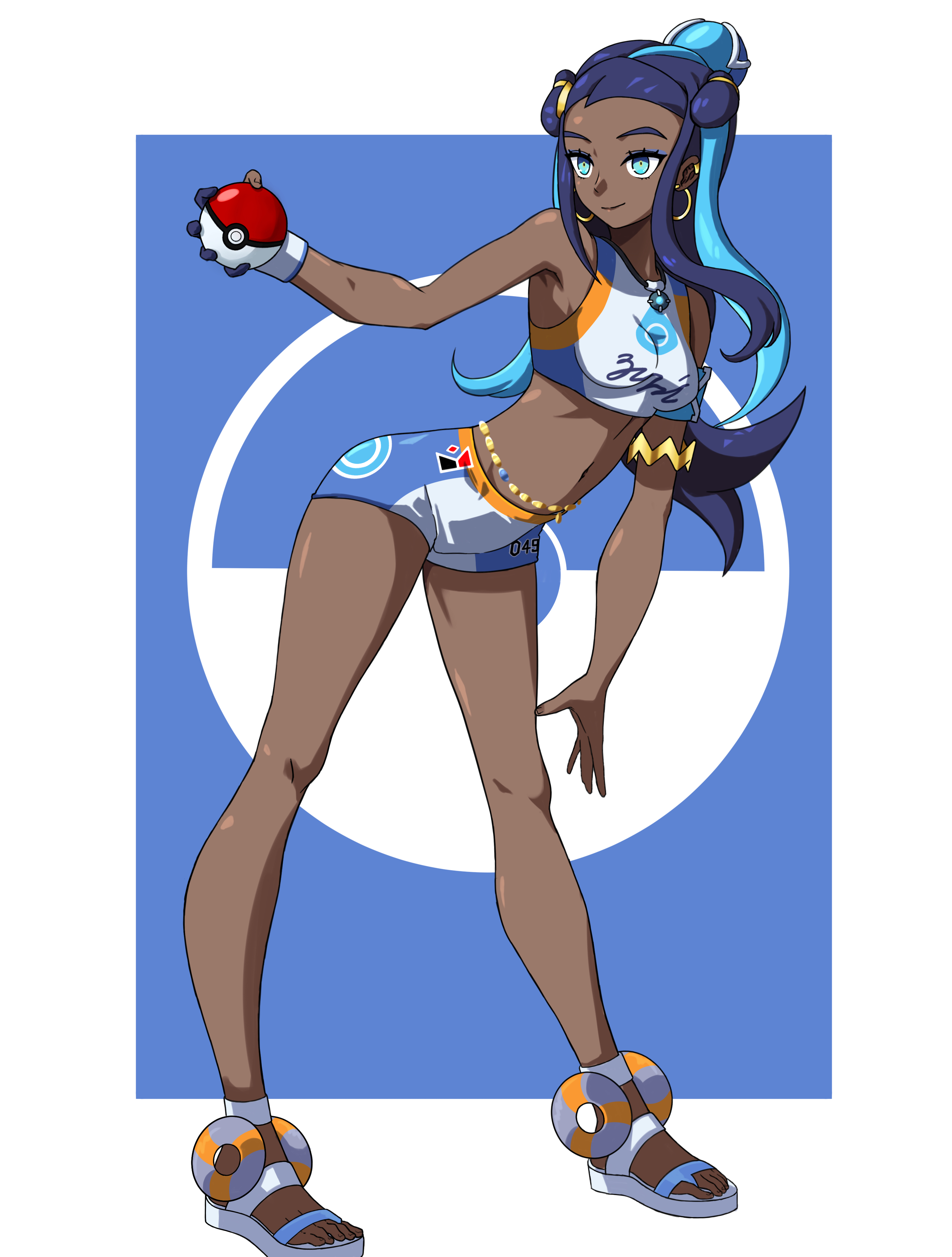 highs (wtjy7477), nessa (pokemon), nintendo, pokemon, pokemon swsh, absurdres, highres, 1girl, aqua hair, bikini, blue hair, border, breasts, closed mouth, dark-skinned female, dark skin, dynamax band, earrings, forehead, full body, gloves, gold earrings, hair ornament, holding, holding poke ball, hoop earrings, jewelry, long hair, medium breasts, multicolored hair, navel, partially fingerless gloves, poke ball, poke ball (basic), sandals, sidelocks, smile, solo, standing, stomach, swimsuit, tankini, thighs, two-tone hair, very long hair, white border