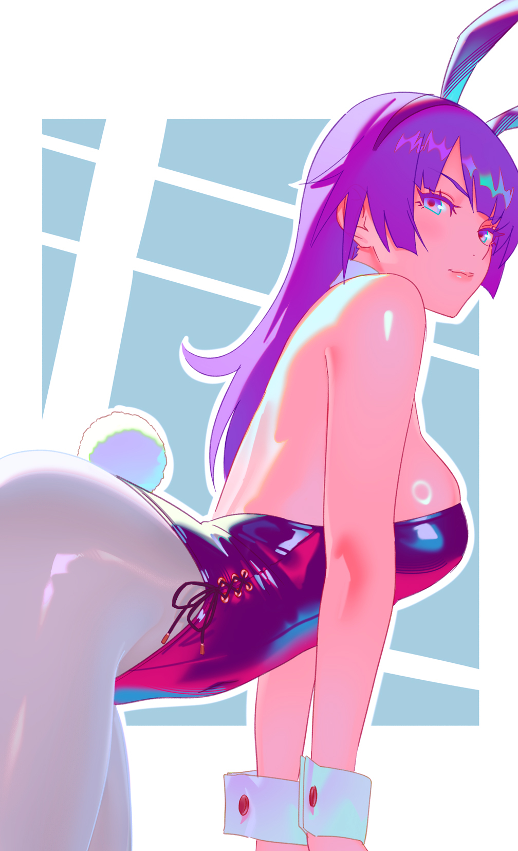 rapa rachi, senjougahara hitagi, monogatari (series), highres, 1girl, all fours, alternate costume, animal ear hairband, animal ears, arched back, backless leotard, bare shoulders, blue background, blue eyes, breasts, closed mouth, covered navel, detached collar, fake animal ears, from side, hairband, highleg, highleg leotard, large breasts, leotard, lips, long hair, looking at viewer, outline, pantyhose, playboy bunny, purple hair, purple leotard, rabbit tail, skindentation, smile, solo, strapless, strapless leotard, tail, white outline, white pantyhose, white wrist cuffs, wrist cuffs