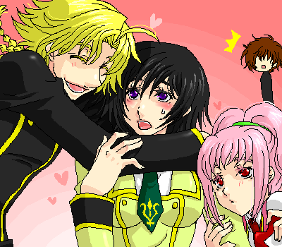 anya alstreim, gino weinberg, lelouch vi britannia, luluko, code geass, artist request, gender request, lowres, 00s, 2boys, 2girls, genderswap, multiple boys, multiple girls, oekaki, pink hair