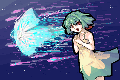 ranka lee, frontier, macross, macross frontier, lowres, 00s, 1girl, :d, bare shoulders, bow, dress, female focus, flat chest, flying, glowing, green hair, hair bow, looking at viewer, motion blur, oekaki, open mouth, own hands clasped, own hands together, red eyes, short hair, sky, smile, solo, space, standing, star (sky), starry sky, sundress