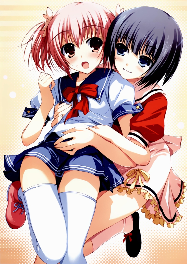 tomose shunsaku, aizawa tobari, hazumi kotori, fairchild, 2girls, blue eyes, blue hair, blue theme, multiple girls, pink eyes, pink hair, school uniform, serafuku, short hair, thighhighs, yuri