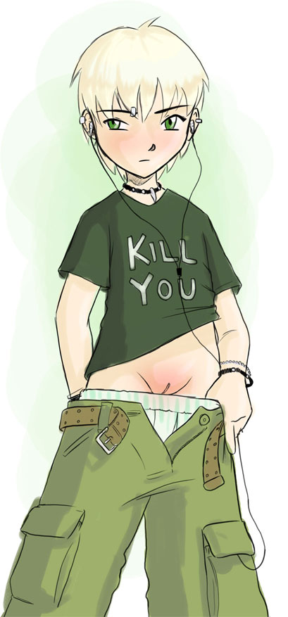 1girl, androgynous, baggy pants, bead bracelet, bead necklace, beads, belt, belt buckle, blonde hair, blush, bracelet, buckle, cargo pants, ear piercing, earphones, english text, eyebrow piercing, face piercing, flashing, green eyes, green pants, green shirt, jewelry, loli, necklace, pants, piercing, pocket, pussy, reverse trap, shirt, short hair, t-shirt, underwear, very short hair