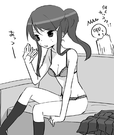 kuroda bb, original, lowres, 1girl, bra, greyscale, lingerie, monochrome, ponytail, sitting, skirt, solo focus, underwear, underwear only, unworn skirt