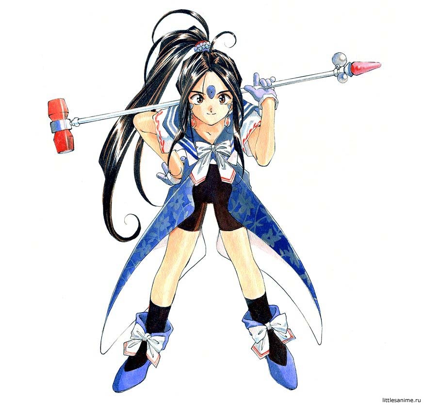 fujishima kousuke, skuld (aa megami-sama), aa megami-sama, 1990s (style), 1girl, black hair, brown eyes, earrings, facial mark, female focus, forehead mark, gloves, hammer, jewelry, leaning forward, long hair, ponytail, retro artstyle, smile, solo, spandex, watermark, white background
