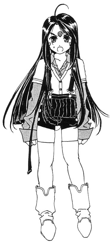 fujishima kousuke, skuld (aa megami-sama), aa megami-sama, scan, 1990s (style), 1girl, facial mark, female focus, forehead mark, greyscale, long hair, monochrome, overalls, retro artstyle, solo, thighhighs, white background