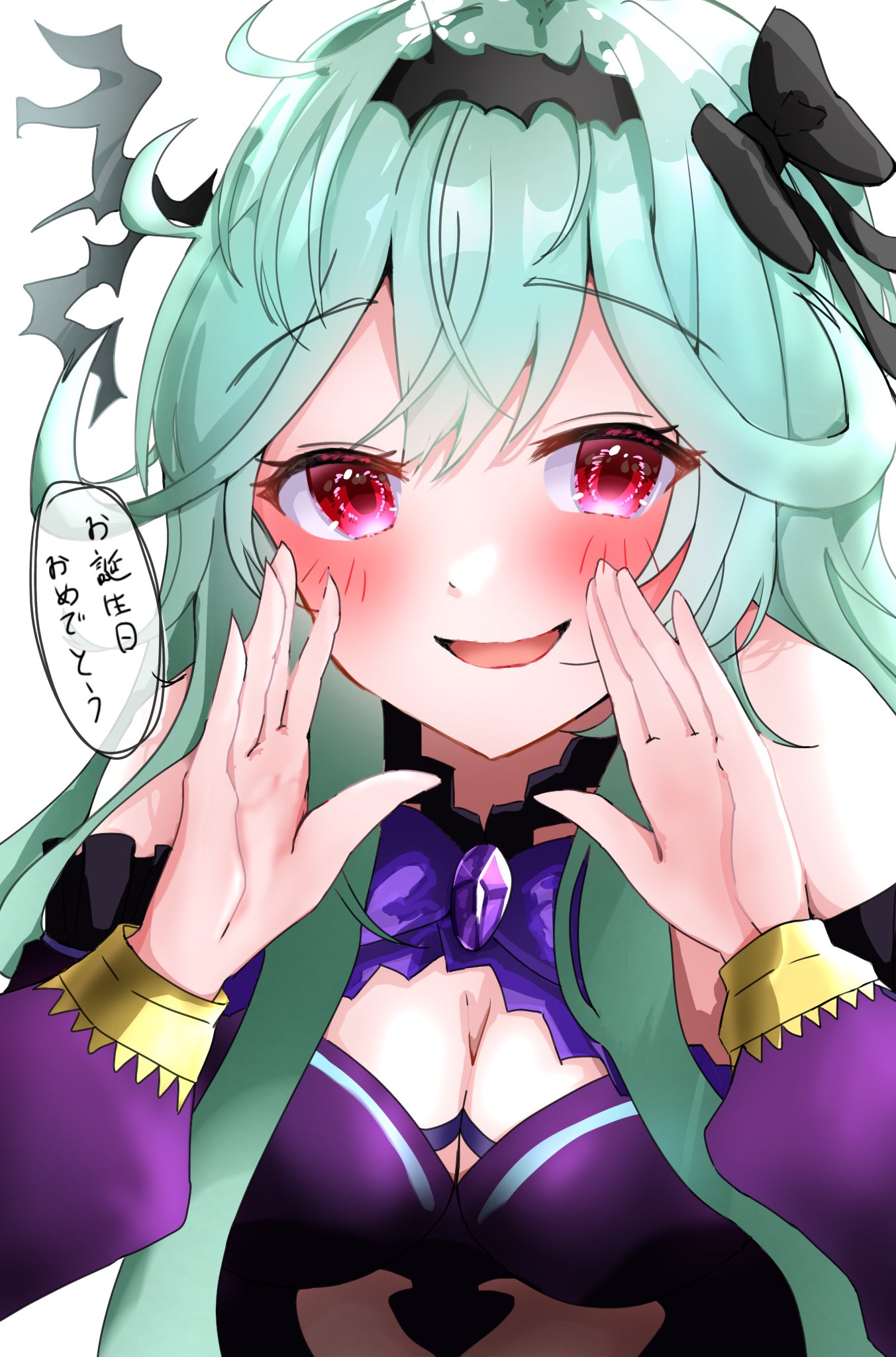 chaos aurora (grimms notes), grimms notes, highres, protected link, translation request, 1girl, aqua hair, blush, breasts, hands up, long hair, looking at viewer, open mouth, red eyes, smile, solo, speech bubble, ume akutaro