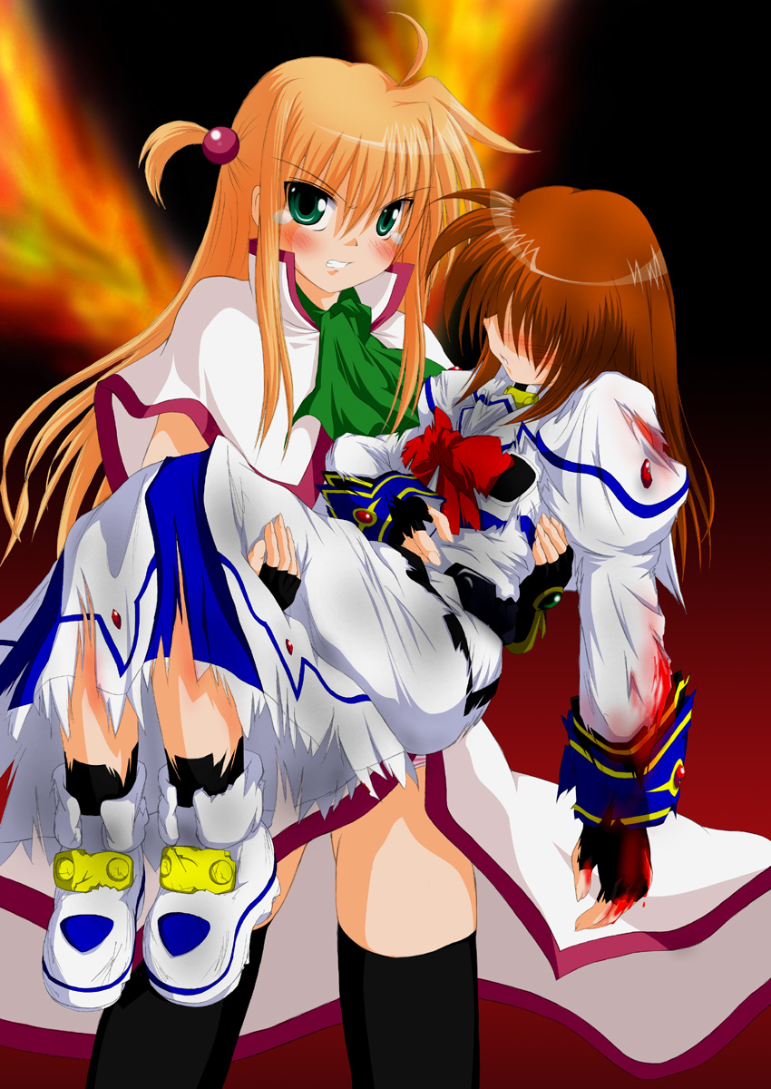 arisa bunnings, burning arisa, takamachi nanoha, takamachi nanoha (sacred mode), lyrical nanoha, mahou shoujo lyrical nanoha, mahou shoujo lyrical nanoha a's, highres, 00s, 2girls, ahoge, angry, blood, epic, fire, hair down, injury, multiple girls, tears, thighhighs, torn clothes