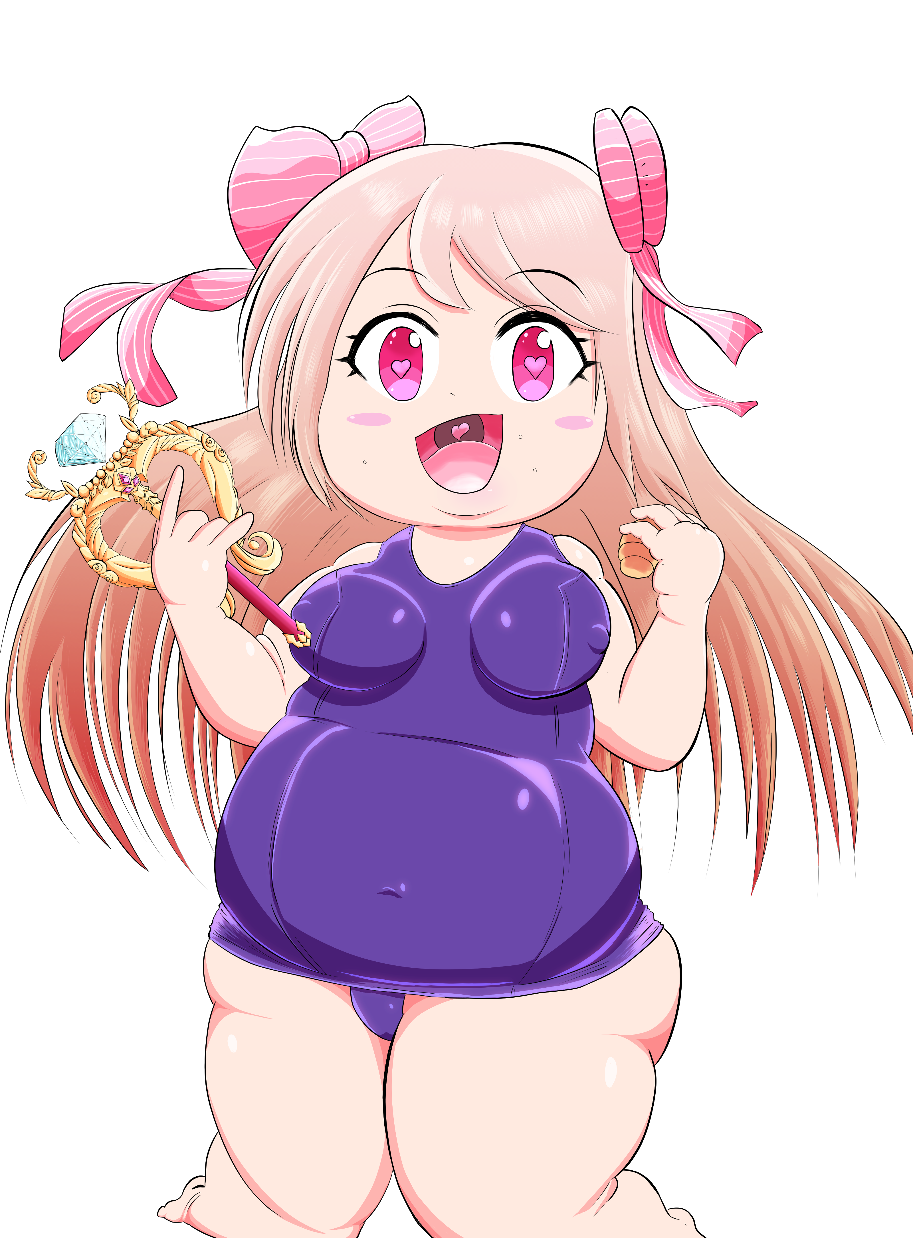 chaos marie (grimms notes), grimms notes, absurdres, highres, barefoot, blonde hair, breasts, covered erect nipples, croissant, fat, food, hands up, heyagomoridebu, holding, holding food, holding wand, looking at viewer, old school swimsuit, open mouth, school swimsuit, simple background, smile, swimsuit, wand, weight gain, white background