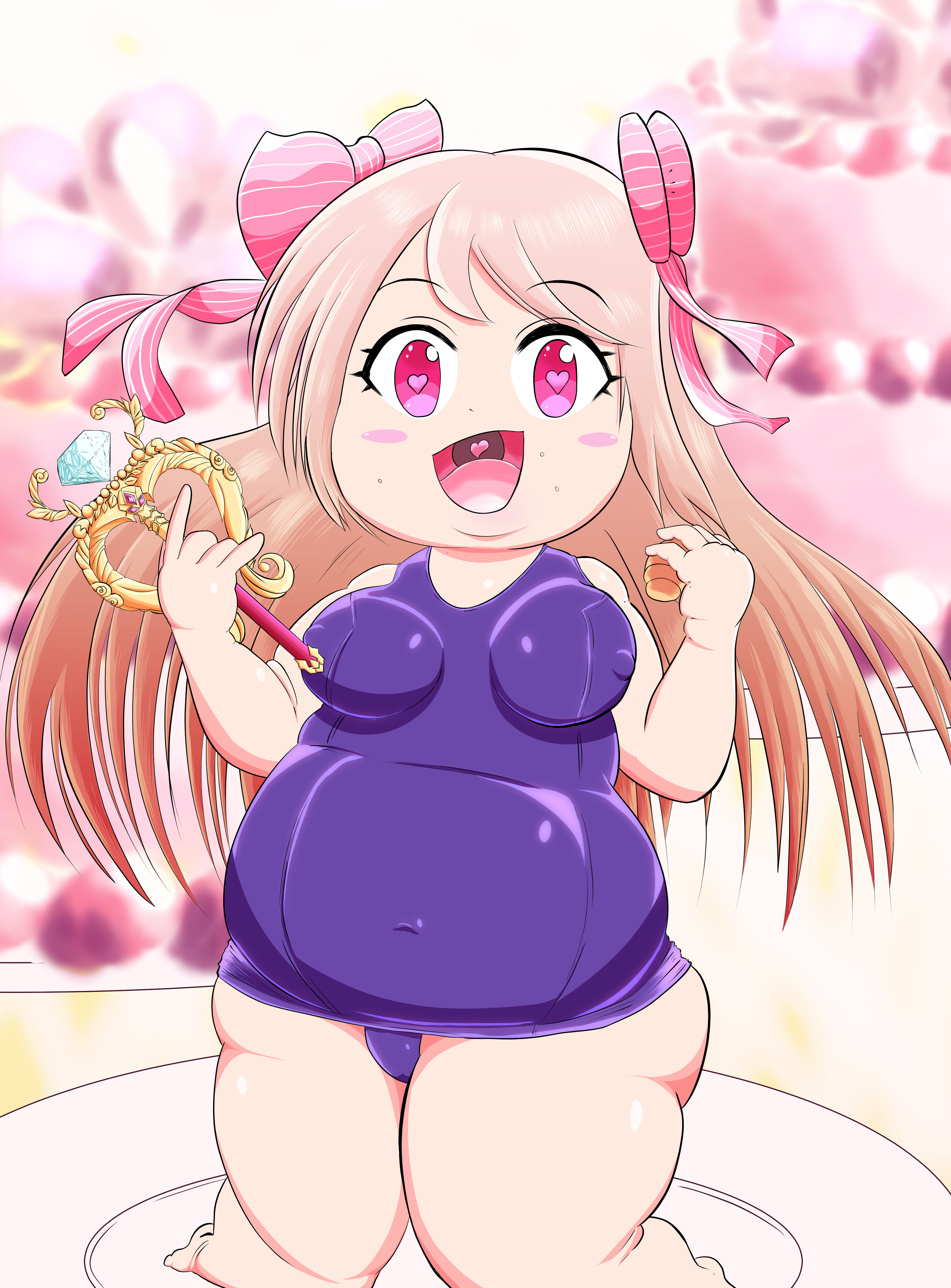 chaos marie (grimms notes), grimms notes, absurdres, highres, barefoot, blonde hair, breasts, covered erect nipples, croissant, fat, food, hands up, heyagomoridebu, holding, holding food, holding wand, looking at viewer, old school swimsuit, open mouth, school swimsuit, smile, swimsuit, wand, weight gain