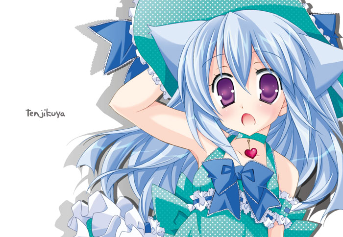 shimo-san, original, silver hair, 1girl, :o, animal ears, arm up, cat ears, choker, collarbone, dress, female focus, green dress, hat, jewelry, looking at viewer, necklace, open mouth, pendant, purple eyes, simple background, sleeveless, sleeveless dress, solo, sun hat, sundress, white background