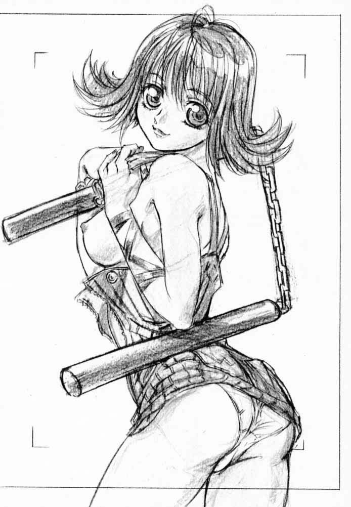yokota mamoru, selphie tilmitt, final fantasy, final fantasy viii, 1990s (style), 1girl, ass, back, breasts, clothes lift, dress, dress lift, female focus, from behind, greyscale, large breasts, looking back, monochrome, nipples, nunchaku, nunchucks, panties, retro artstyle, short dress, short hair, sideboob, sketch, smile, solo, underwear, unzipped, weapon