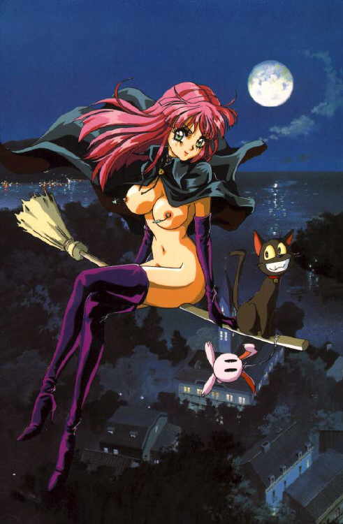 mon mon, jpeg artifacts, 1girl, boots, bottomless, breasts, broom, broom riding, cape, elbow gloves, female focus, full body, gloves, green eyes, long hair, nipples, no bra, no panties, outdoors, pink hair, red hair, sky, solo, thigh boots, thighhighs, witch