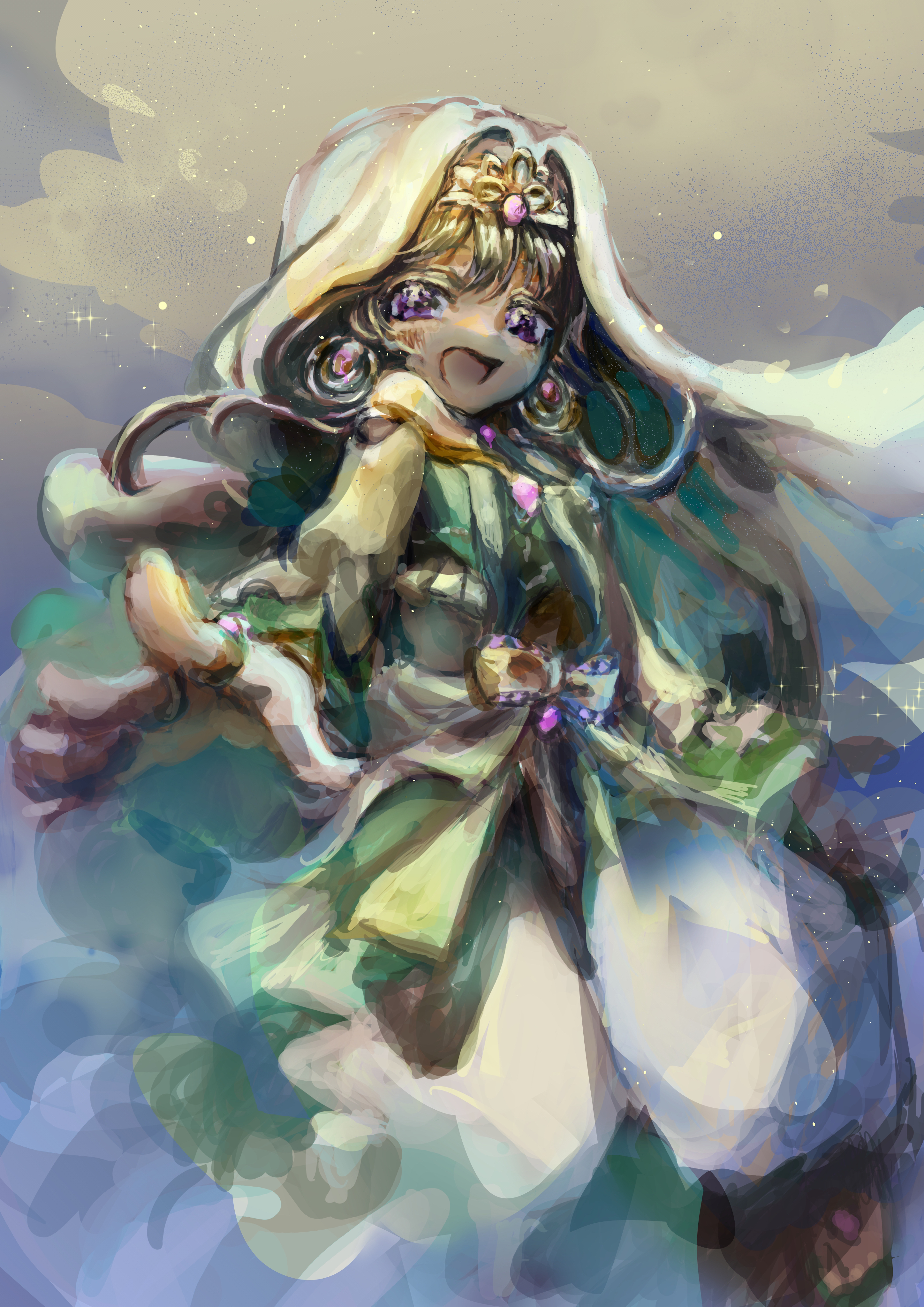 dunyazad (grimms notes), grimms notes, absurdres, highres, 1girl, bare shoulders, brown hair, detached sleeves, looking at viewer, metey s, open mouth, pants, purple eyes, solo, white pants