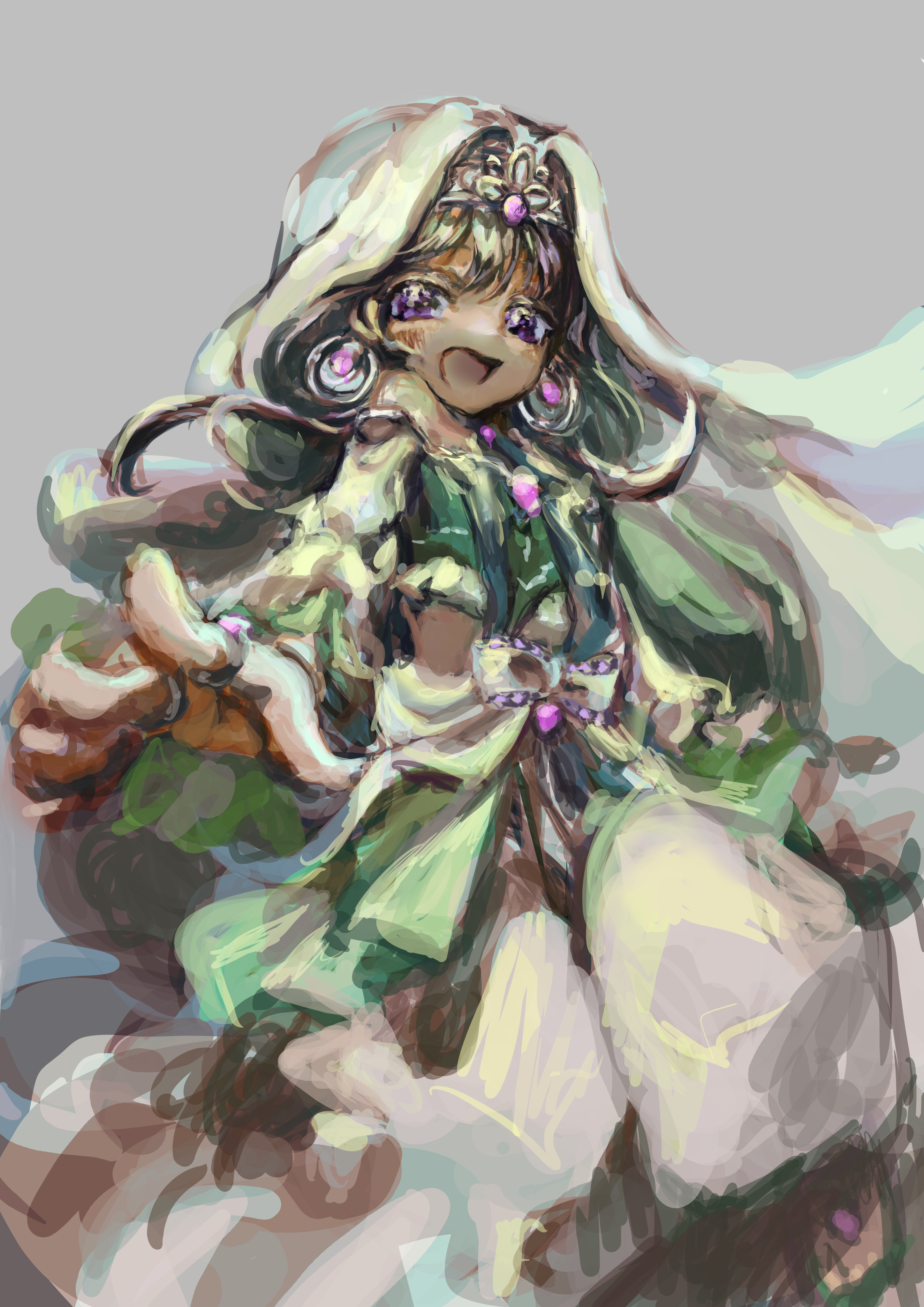 dunyazad (grimms notes), grimms notes, absurdres, highres, unfinished, 1girl, bare shoulders, brown hair, detached sleeves, looking at viewer, metey s, open mouth, pants, purple eyes, solo, white pants