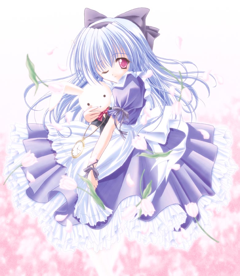 tinker bell (pixiv 10956015), 1girl, apron, blue dress, blue hair, bow, dress, female focus, flower, hair bow, one eye closed, pocket watch, purple eyes, rabbit, ribbon, solo, stuffed animal, stuffed rabbit, stuffed toy, tulip, watch, wink