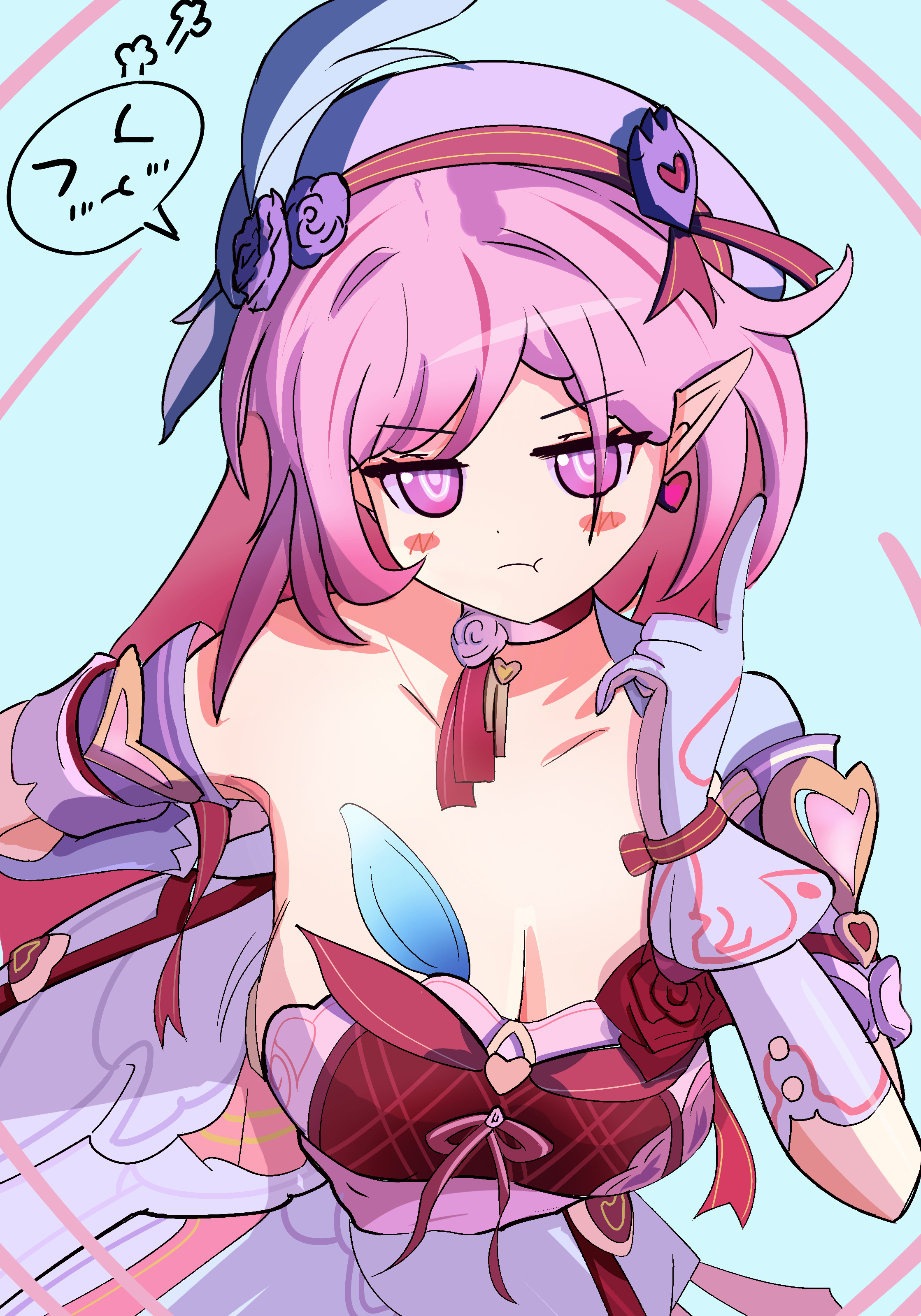 elysia (honkai impact), honkai (series), honkai impact 3rd, absurdres, bad id, bad pixiv id, commentary request, highres, > <, 1girl, beret, blue background, breasts, cleavage, diamond-shaped pupils, diamond (shape), dress, earrings, elf, elysia (hi love elf) (honkai impact), gloves, hat, heart, heart earrings, jewelry, large breasts, long hair, looking at viewer, pink dress, pink hair, pointing, pointing up, pointy ears, poruporu1211, pout, purple eyes, solo, spoken expression, symbol-shaped pupils, very long hair, white gloves