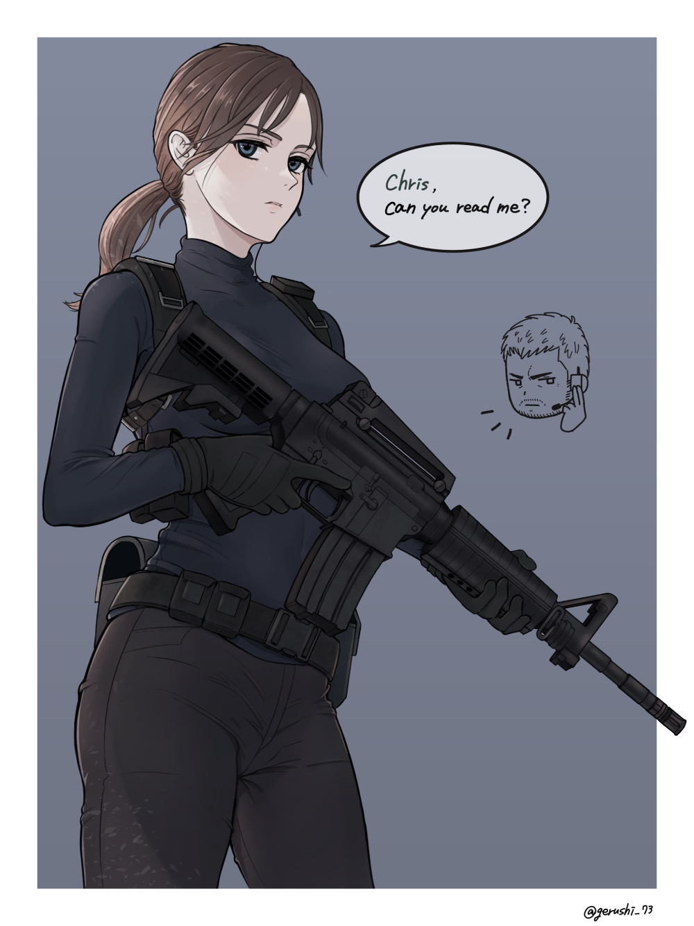 daisy mk 589, chris redfield, jill valentine, resident evil, resident evil village, highres, 1boy, 1girl, artist name, assault rifle, black gloves, brown hair, gloves, grey background, gun, holding, holding gun, holding weapon, long hair, low ponytail, ponytail, rifle, simple background, speech bubble, weapon