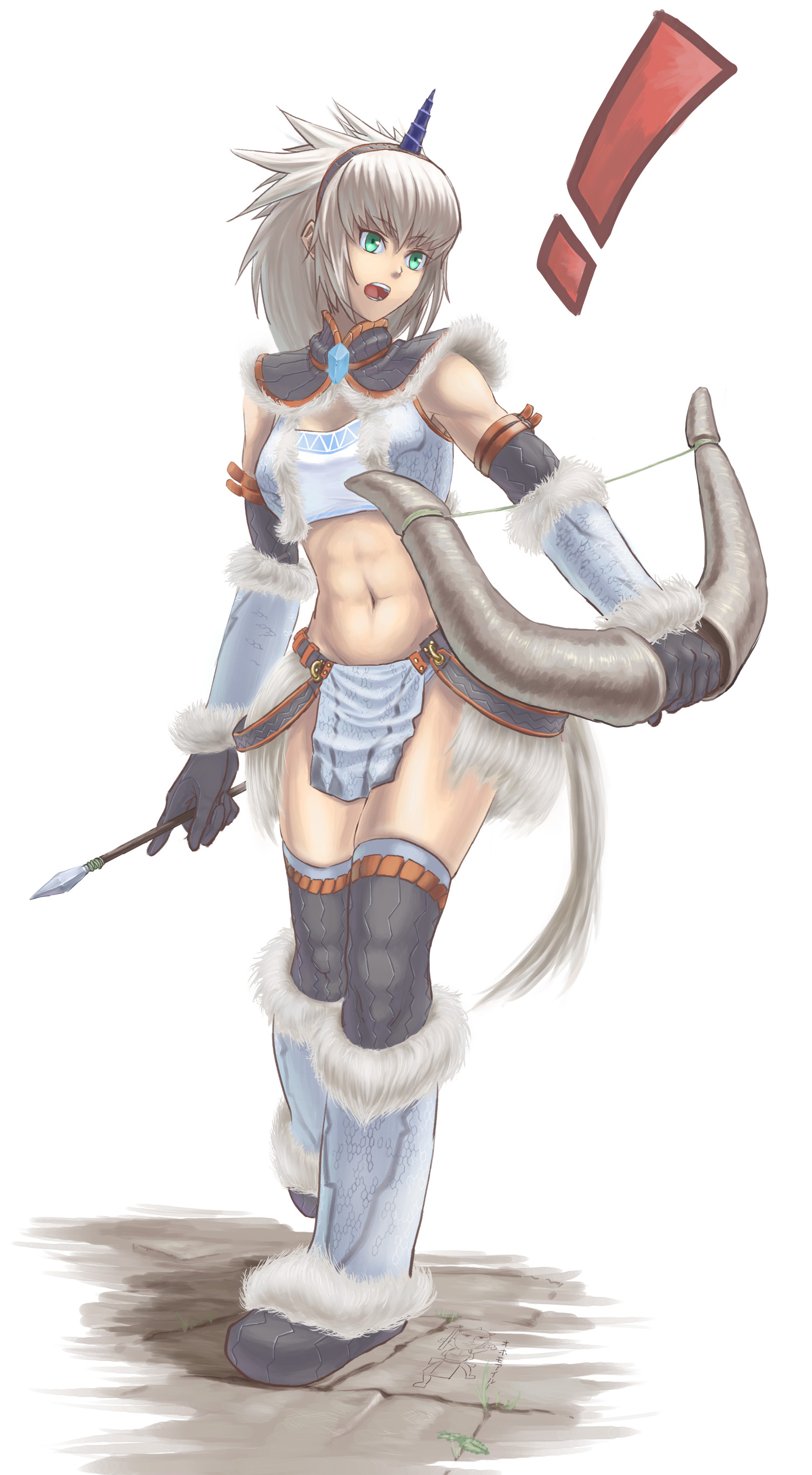 cuboon, capcom, monster hunter (series), absurdres, highres, !, 1girl, arrow (projectile), bow (weapon), elbow gloves, female focus, gloves, green eyes, horns, kirin (armor), loincloth, midriff, muscular, open mouth, single horn, solo, thighhighs, weapon
